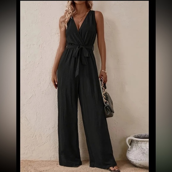 Jenny Louise Boutique Pants - Belted Jumpsuit - Chic Sleeveless, Wide Leg Design